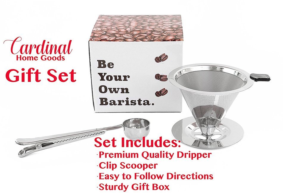 Paperless Pour Over Coffee Dripper & Brewer - Stainless Steel Double Mesh Reusable Cone Filter with Built-in Stand... N9