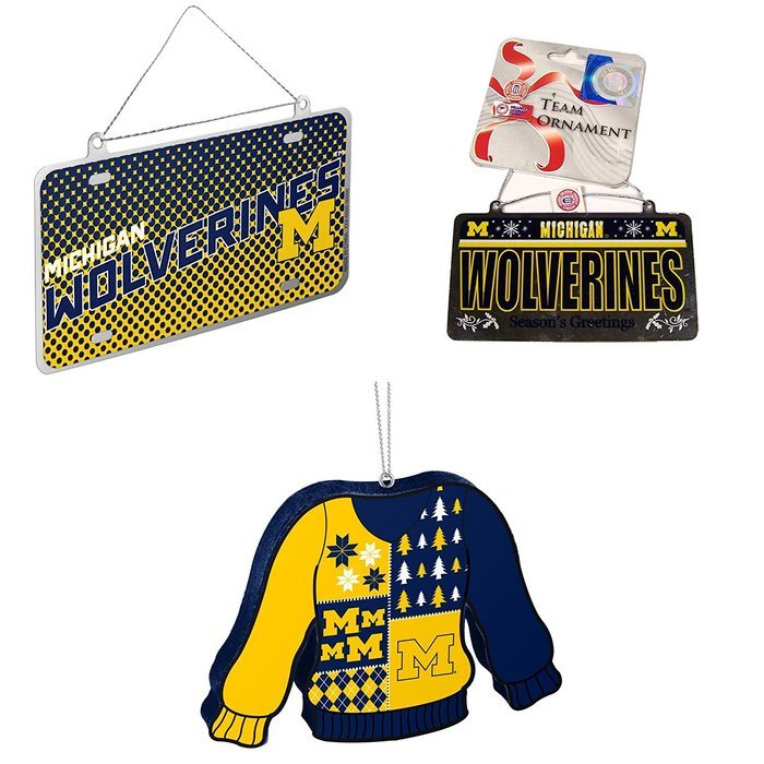 NCAA Michigan Wolverines Metal License Plate Christmas Ornament Foam Ugly Sweater Bundle 3 Pack By Forever Collectibles N2