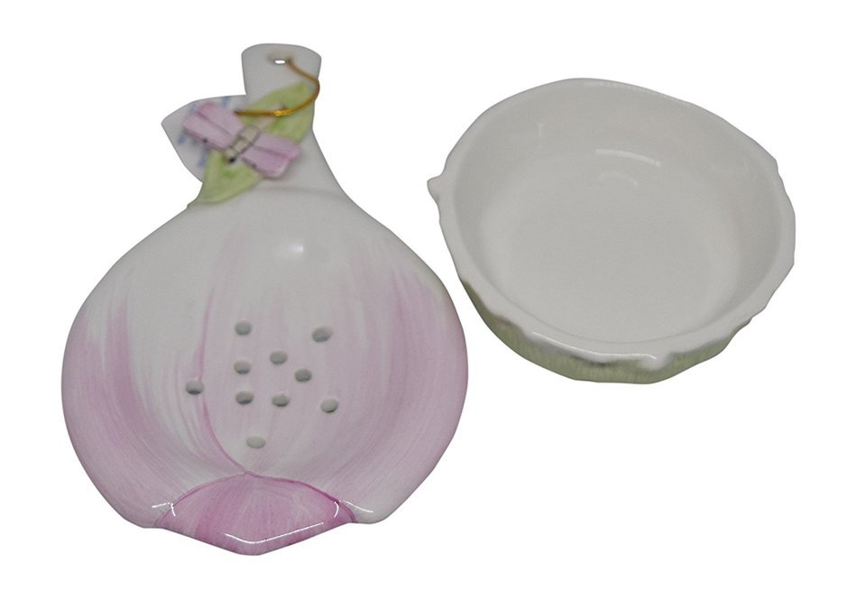 Ceramic Tea Bag Coaster Caddy With Strainer (2 pc) (Tulip w/ Dragonfly) N2
