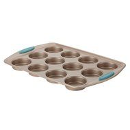 Rachael Ray Cucina Bakeware 12-Cup Muffin Pan, Latte Brown, Agave Blue Handle Grips N4