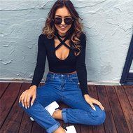 Women&#039;s Blouse,Laimeng Low-Cut U-Neck Cross Hanging Neck Long Sleeve Short Shirt Tops Blouse (XL, Black) N2