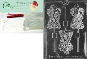 LARGE ANGEL Christmas Chocolate Mold w/Lollipop Supply Kit (25 Lollipop Sticks, 25 Cello Bags, 25 Red Twist Ties...