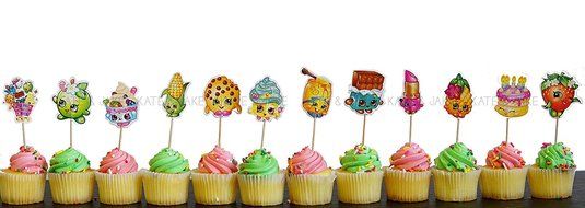 Kate &amp; Jake Set of 24 Shopkins inspired Cupcake Toppers food picks double sided N3
