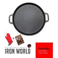 Cast Iron Pizza Pan 14" inch By Iron World, Hand Made, Black, Pre Seasoned, Free Gift Chef Glove and BBQ Recipes... N3