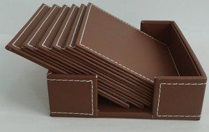XICHEN&reg; Leather Coasters - Upscale With Coaster Holder Square -6 Piece Set With Holder (Brown) N17