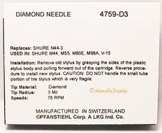 78 RPM STYLUS NEEDLE-FOR SHURE M44-3 M44 N44-3 M55 M80 78 RPM, 759-D3