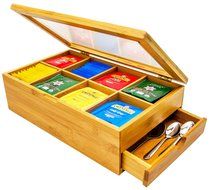 Tea Box Organizer Natural Bamboo Elegant Tea Chest With 8 Storage Compartments and Slide Out Drawer For All Tea... N6