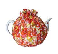 Teapot Cozy, tea warmer with Yellow birds and Orange, Red paisley on white for a 5-8 cup teapot #316 N2