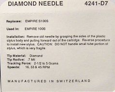 TURNTABLE NEEDLE STYLUS for Empire S100S 100S 200E 380LT 400TC CARTRIDGE 4241-D7 N5
