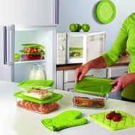 Trudeau Set of 3 Rectangular Containers with Green Lids - 4.75, 13, 26.75 ounce N3