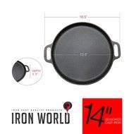 Cast Iron Pizza Pan 14" inch By Iron World, Hand Made, Black, Pre Seasoned, Free Gift Chef Glove and BBQ Recipes... N5