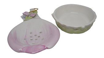 Ceramic Tea Bag Coaster Caddy With Strainer (2 pc) (Tulip w/ Dragonfly) N4