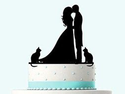 Wedding Cake Topper Silhouette Kissing Couple and Cute Cats,Morden Elegant Acrylic Cake Topper.