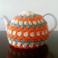 Crochet Tea Pot Cozy Orange Teal Off White