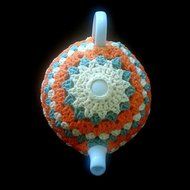 Crochet Tea Pot Cozy Orange Teal Off White N2