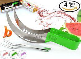 WATERMELON SLICER CORER CUTTER TONGS and SERVER SET With SS304 Serving Fork &amp; Orange Peeler, Kitchen-Grade 304... N4