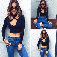 Women&#039;s Blouse,Laimeng Low-Cut U-Neck Cross Hanging Neck Long Sleeve Short Shirt Tops Blouse (XL, Black) N4