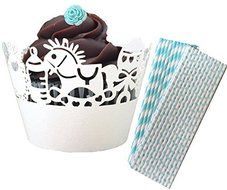 Outside the Box Papers Baby Boy Themed Laser Cut Cupcake Wrappers 48 Count and Stripe and Polka Dot Paper Straws...