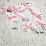 DOOXOO Handmade CakeDecoration 12 Counts Silk Pink Bowknot Party Supplies Cupcake Toppers Pop Sticks N4
