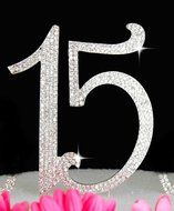 Large Real Rhinestone Number 15 Happy Birthday Quinceanera Anniversary Silver Cake Topper by Forbes Favors