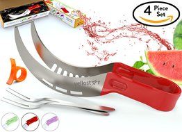 WATERMELON SLICER CORER CUTTER TONGS and SERVER SET With SS304 Serving Fork &amp; Orange Peeler, Kitchen-Grade 304... N9