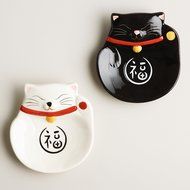 Happy Cat Ceramic Tea Bag Rest Holder Set of 2 - Black and White