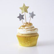 Gold and Silver Glitter Stars Party Picks Cupcake Kit N4