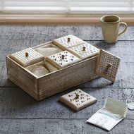 Store Indya Tea Holder Storage Box Chest Hand Carved with Wood Brass Inlay Pill Boxes N2