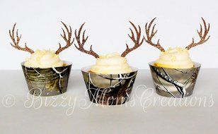 Set of 12 - Brown Glitter Deer Antler Cupcake Toppers &amp; Real Tree Camo Warppers - Birthday Cupcake Toppers &amp; wrappers... N3