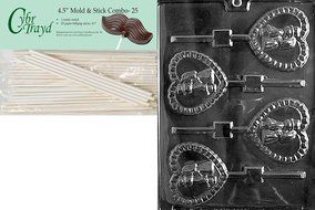 Cybrtrayd 45St25-W049 Bride and Groom Heart Pop Wedding Chocolate Candy Mold with 25-Pack 4.5-Inch Lollipop Sticks N7