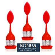 TEA DUNKERS Silicone Leaf Handle and Drip Tray Loose Leaf Long Handled Tea Infuser Strainers RED N2