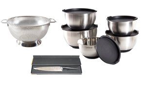 PriorityChef 5 Piece Mixing Bowl Set, Colander, and 8 Inch Chef Knife Bundle, Perfect Gift Idea for Culinary Enthusiasts