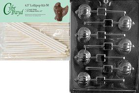 Cybrtrayd 45St50-T009 Pumpkin Lolly Thanksgiving Chocolate Candy Mold with 50-Pack 4.5-Inch Lollipop Sticks