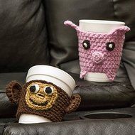 Animal Coffee Cozy Cup Sleeves (2 Pack: Monkey &amp; Pig) - 100% Cotton Knitted Handmade, Reusable, Easy To Clean,... N6