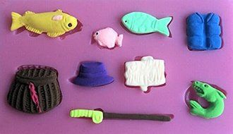 Fishing Things 9 Cavity Silicone Mold, Candy, Fondant, Cake Decorating 10 Cavities
