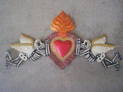 Painted Aged Tin Day of the Dead 3D Door Ornament with Skeleton Angels and Sacred Heart