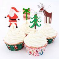 Yunko 24pcs Christmas Cake Cupcake Decorative Cupcake Topper for Christmas Party Themed Party (Wrappers and Toppers) N4