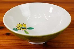 Kutani Pottery Rice Bowl Green Bowl Yellow &amp; Blue Flower BI-5 From Japan N2