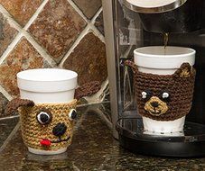 Animal Coffee Cozy Cup Sleeves (2 Pack: Monkey &amp; Pig) - 100% Cotton Knitted Handmade, Reusable, Easy To Clean,... N8