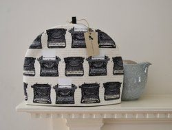 Vintage Typewriters Artisanal Tea Cozy - Black White Cream Cotton Print - Homage to Ana&iuml;s Nin &amp; Henry Miller -... N2
