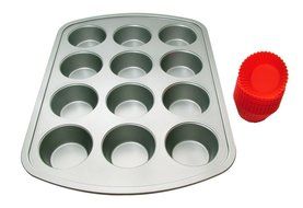 Kitchen Elements Commercial Muffin Tray with Silicone Muffin Cups, 12-Cup, Red N2