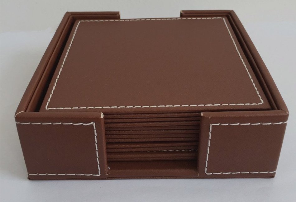 XICHEN&reg; Leather Coasters - Upscale With Coaster Holder Square -6 Piece Set With Holder (Brown) N14