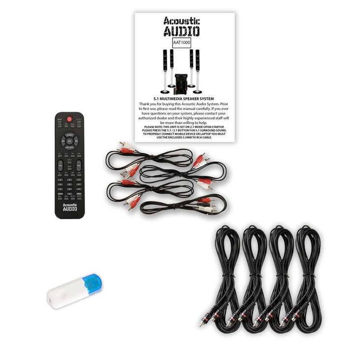 Acoustic Audio AAT1000 Tower 5.1 Speaker System with USB Bluetooth and 4 Extension Cables