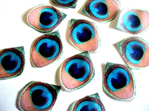24 Mini Edible Peacock Feathers Pre-cut 1.25" Edible Feathers Decor Eyes Teal Blue Green - Perfect for Wedding... N2
