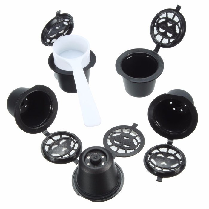 KINGSO 4pcs Reusable Coffee Capsules Cups Espresso Pods Filters For Nespresso Machines with 1pc Plastic Spoon N8