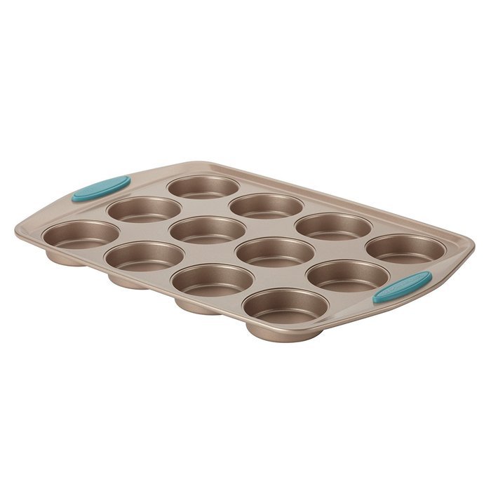 Rachael Ray Cucina Bakeware 12-Cup Muffin Pan, Latte Brown, Agave Blue Handle Grips N4
