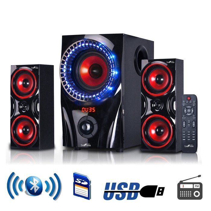 beFree Sound 2.1 Channel Surround Sound Bluetooth Speaker System in Red N2
