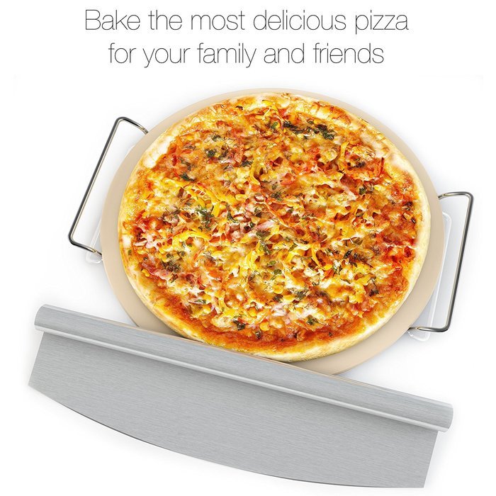 BakeitFun Premium Pizza Baking Set | 13" Ceramic Baking Stone with Chrome Plated Rack and Mezzaluna | Makes a... N4