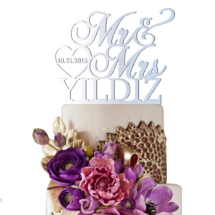 Sugar Yeti Made In USA Personalized Wedding Cake Topper Mr Heart Mrs With Date #32 Gold Mirror N8