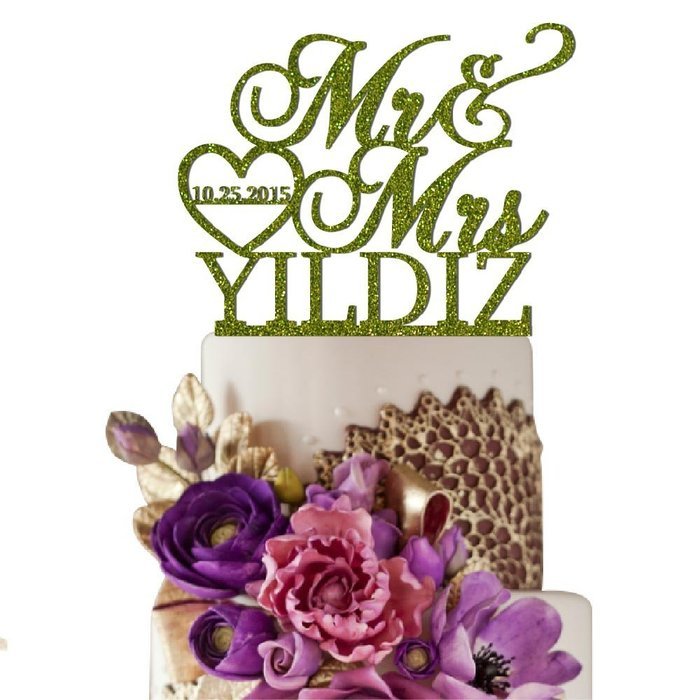 Sugar Yeti Made In USA Personalized Wedding Cake Topper Mr Heart Mrs With Date #32 Gold Mirror N9